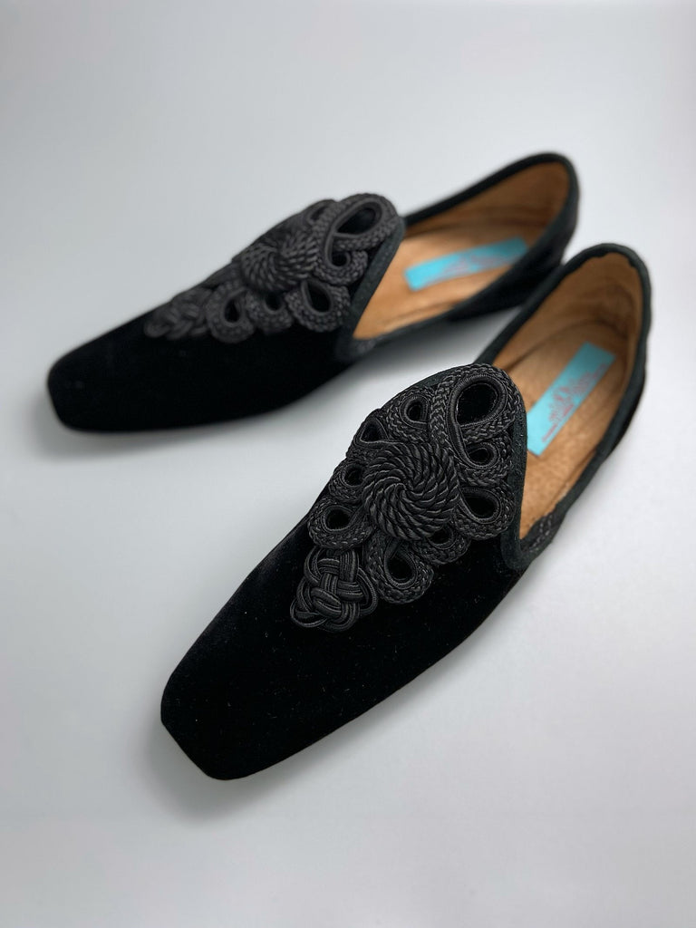 Black silk velvet slipper shoes with vintage silk soutache embellishment by Pavilion Parade