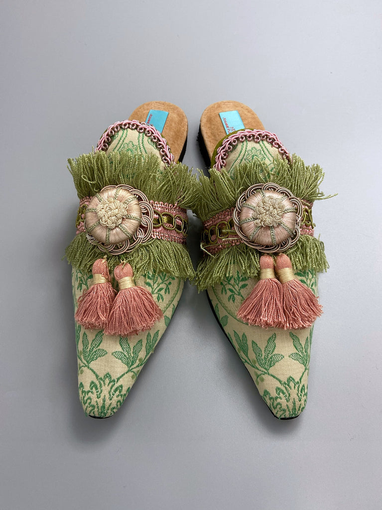 Mint green and rose pink pointed toe boudoir slipper shoes with silk rosettes and tassels, created from antique textiles by Pavilion Parade