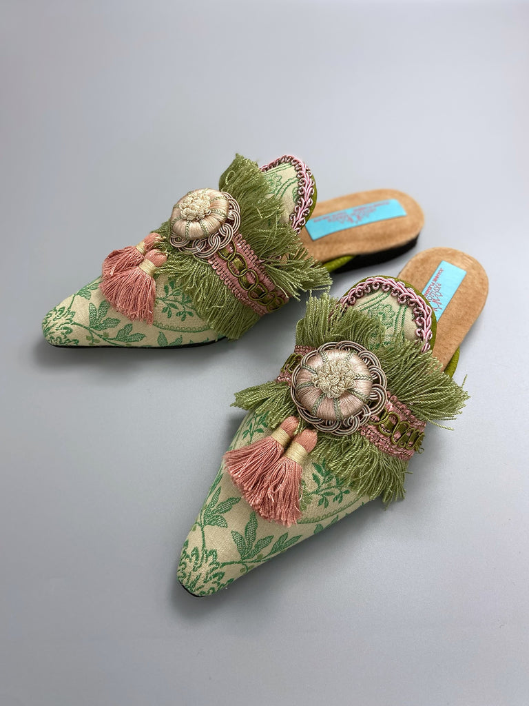 Mint green and rose pink pointed toe boudoir slipper shoes with silk rosettes and tassels, created from antique textiles by Pavilion Parade