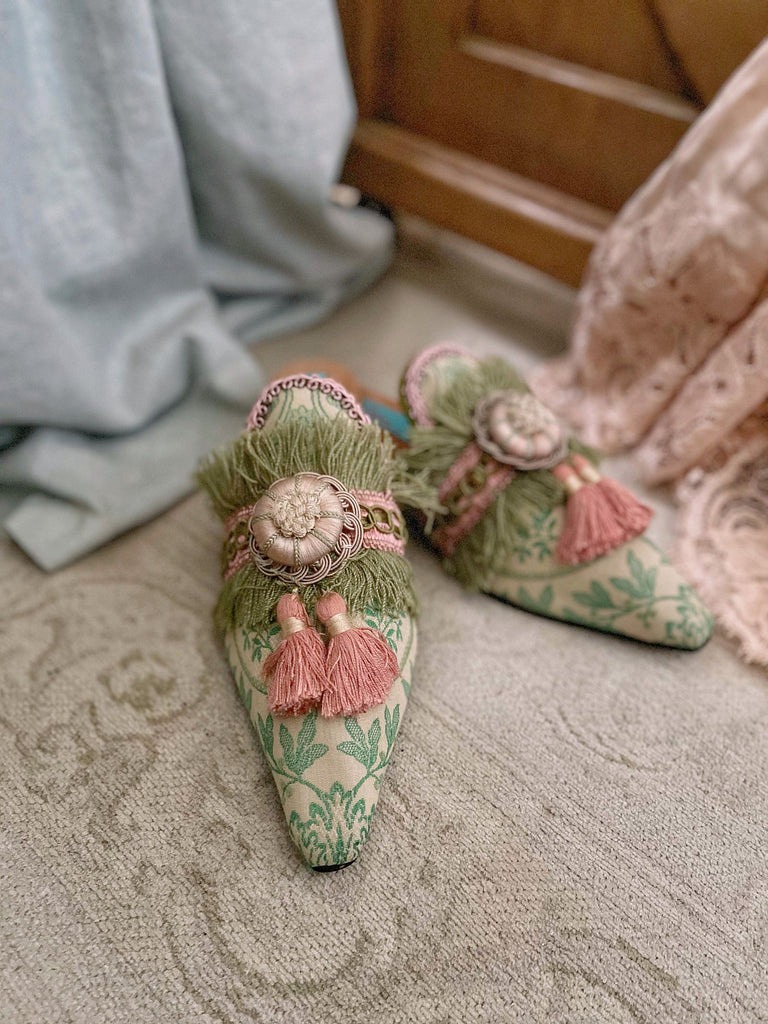 Mint green and rose pink pointed toe boudoir slipper shoes with silk rosettes and tassels, created from antique textiles by Pavilion Parade