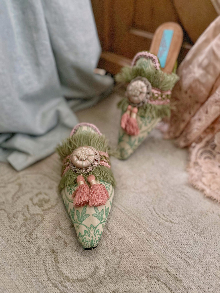 Mint green and rose pink pointed toe boudoir slipper shoes with silk rosettes and tassels, created from antique textiles by Pavilion Parade