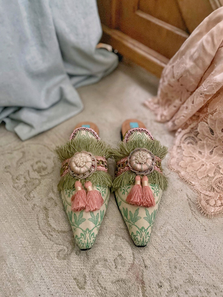 Mint green and rose pink pointed toe boudoir slipper shoes with silk rosettes and tassels, created from antique textiles by Pavilion Parade