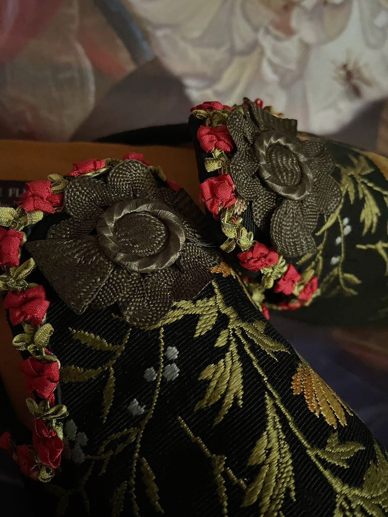 Old Master floral silk bohemian shoes created from antique textiles from Pavilion Parade