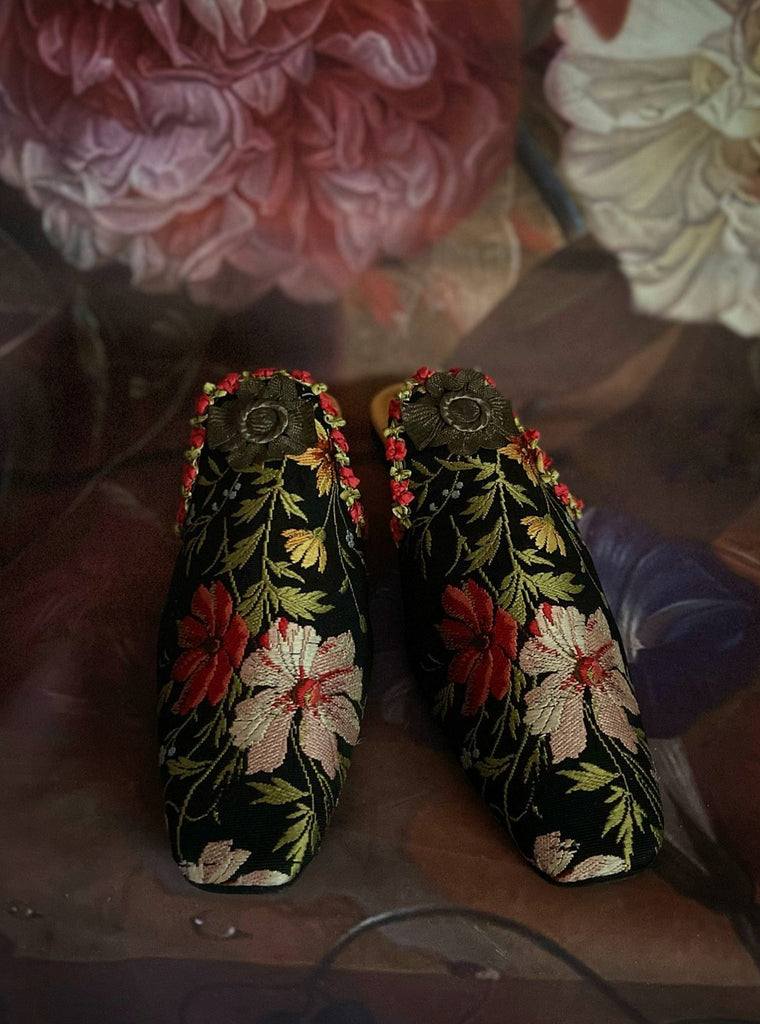Old Master floral silk bohemian shoes created from antique textiles from Pavilion Parade
