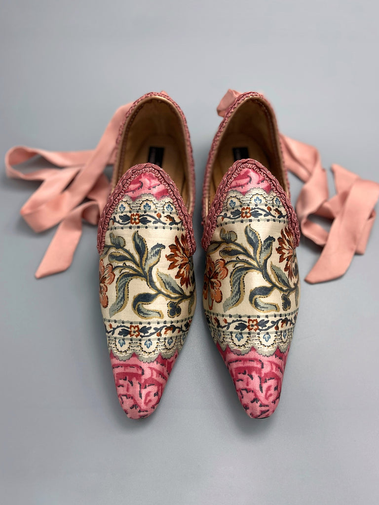 Pavilion Parade handmade shoes created from antique textiles,  available from Joanne Fleming Design. Antique French block printed Indienne and 19th century passementerie create bohemian flat shoes in shades of blue and red