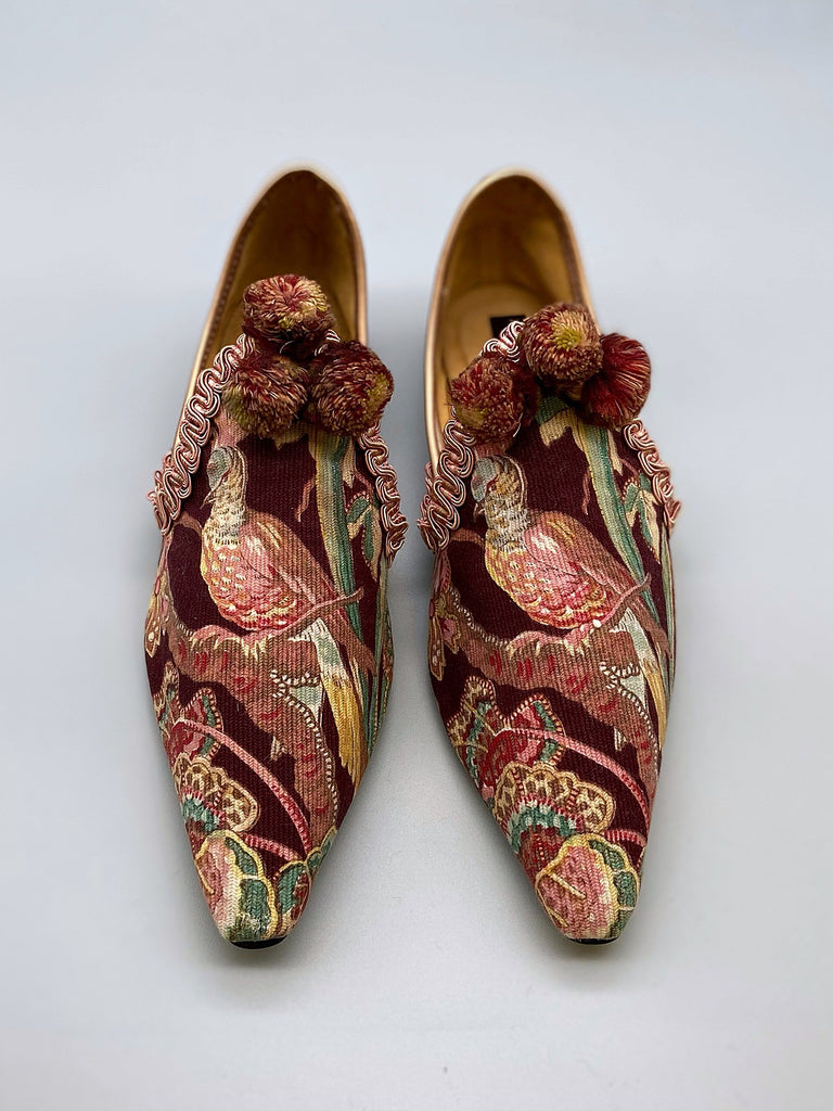 Audubon aubergine and teal shoes with pompom tassel embellishment, created from antique textiles, from the Signature Collection of bohemian footwear by Pavilion Parade at Joanne Fleming Design