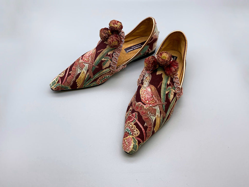 Audubon aubergine and teal shoes with pompom tassel embellishment, created from antique textiles, from the Signature Collection of bohemian footwear by Pavilion Parade at Joanne Fleming Design