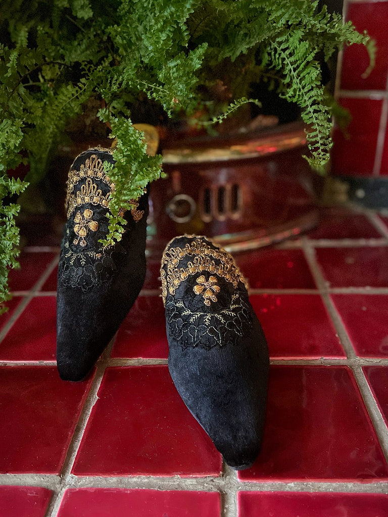 Black silk velvet and antique gold embroidered embellished textile bohemian flat shoes from Pavilion Parade Signature Collection by Joanne Fleming Design