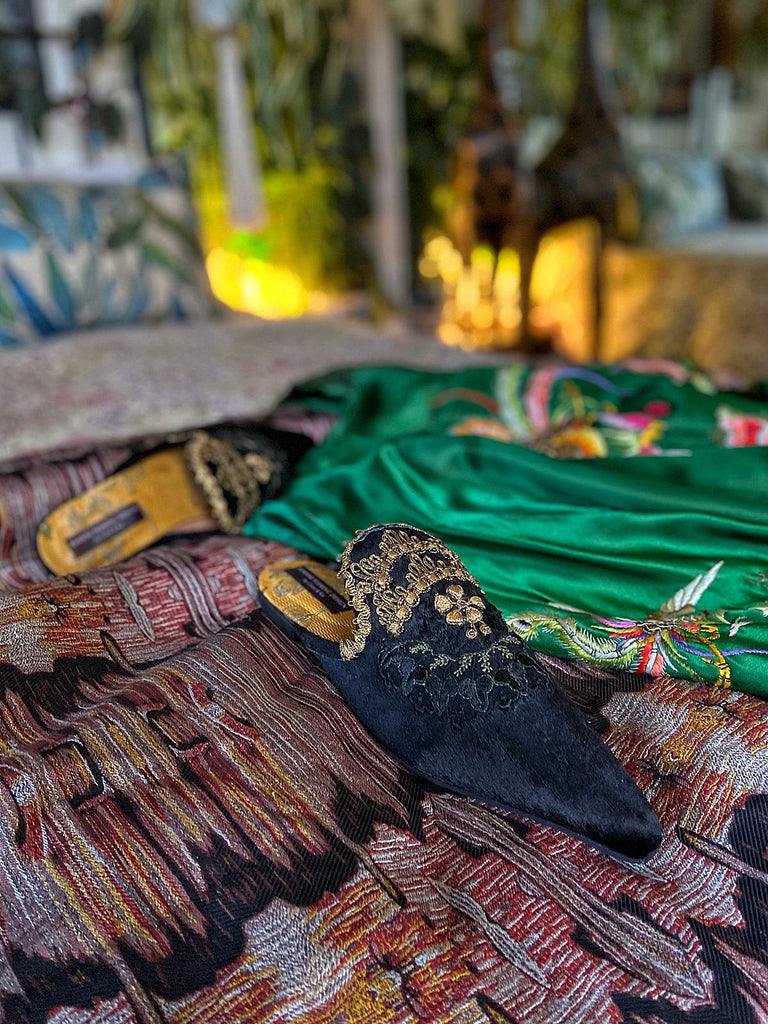 Black silk velvet and antique gold embroidered embellished textile bohemian flat shoes from Pavilion Parade Signature Collection by Joanne Fleming Design