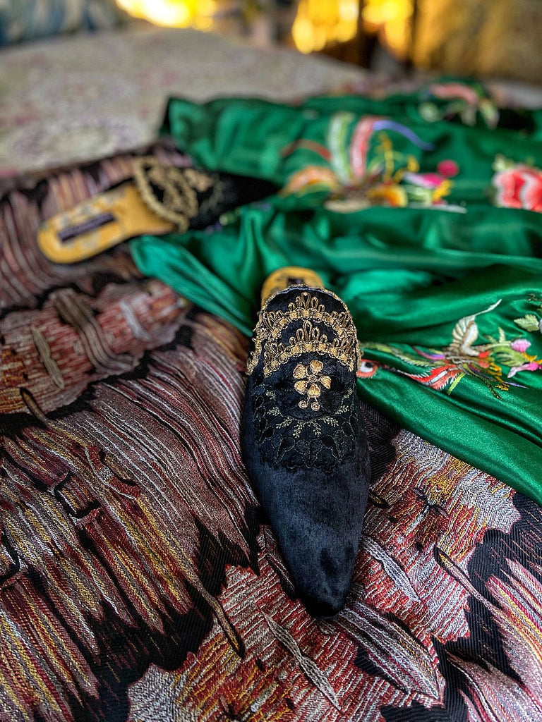 Black silk velvet and antique gold embroidered embellished textile bohemian flat shoes from Pavilion Parade Signature Collection by Joanne Fleming Design