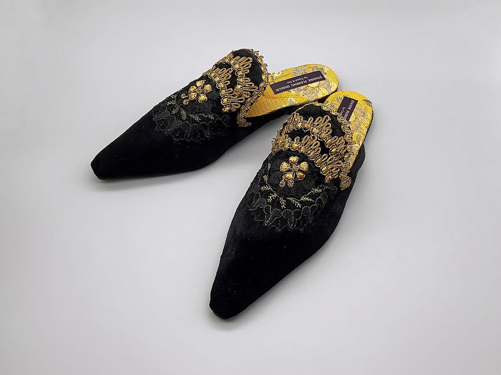 Black silk velvet and antique gold embroidered embellished textile bohemian flat shoes from Pavilion Parade Signature Collection by Joanne Fleming Design