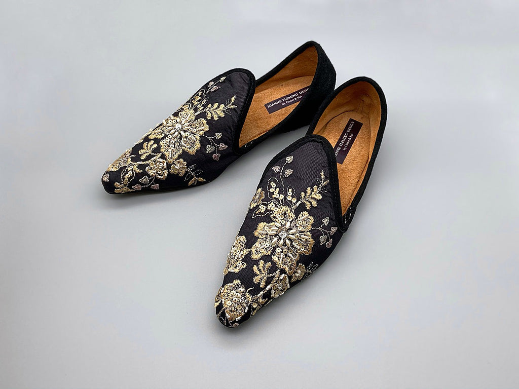 Limited edition beaded embroidered flat babouche style evening shoes in black and gold. Pavilion Parade Recherché Collection from Joanne Fleming Design