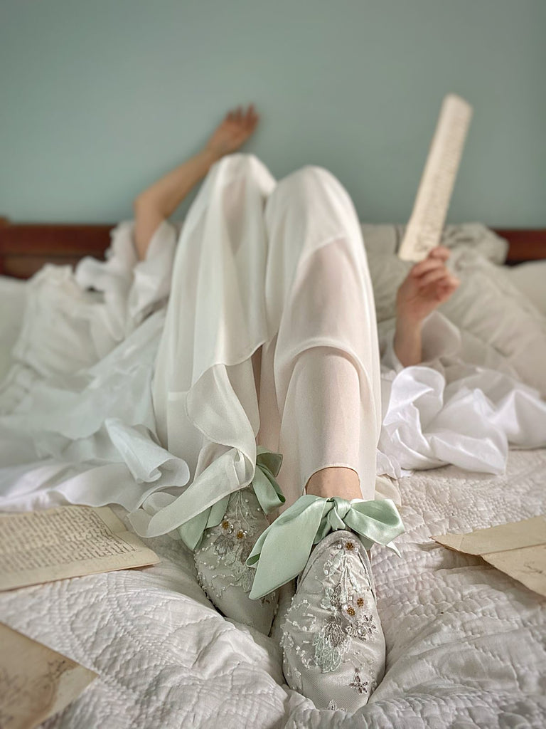 Enchanted Forest limited edition couture bridal shoes from the Pavilion Parade Recherché Collection by Joanne Fleming Design | silver grey silk satin with green ankle ties and beaded embellishment