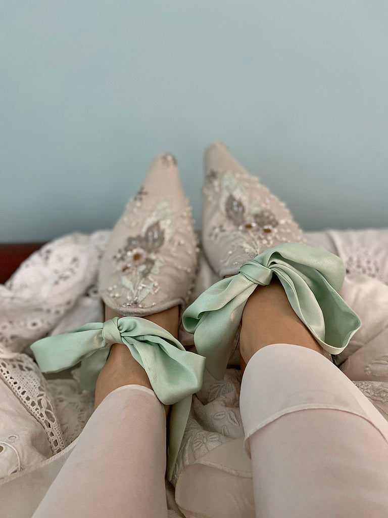 Enchanted Forest limited edition couture bridal shoes from the Pavilion Parade Recherché Collection by Joanne Fleming Design | silver grey silk satin with green ankle ties and beaded embellishment