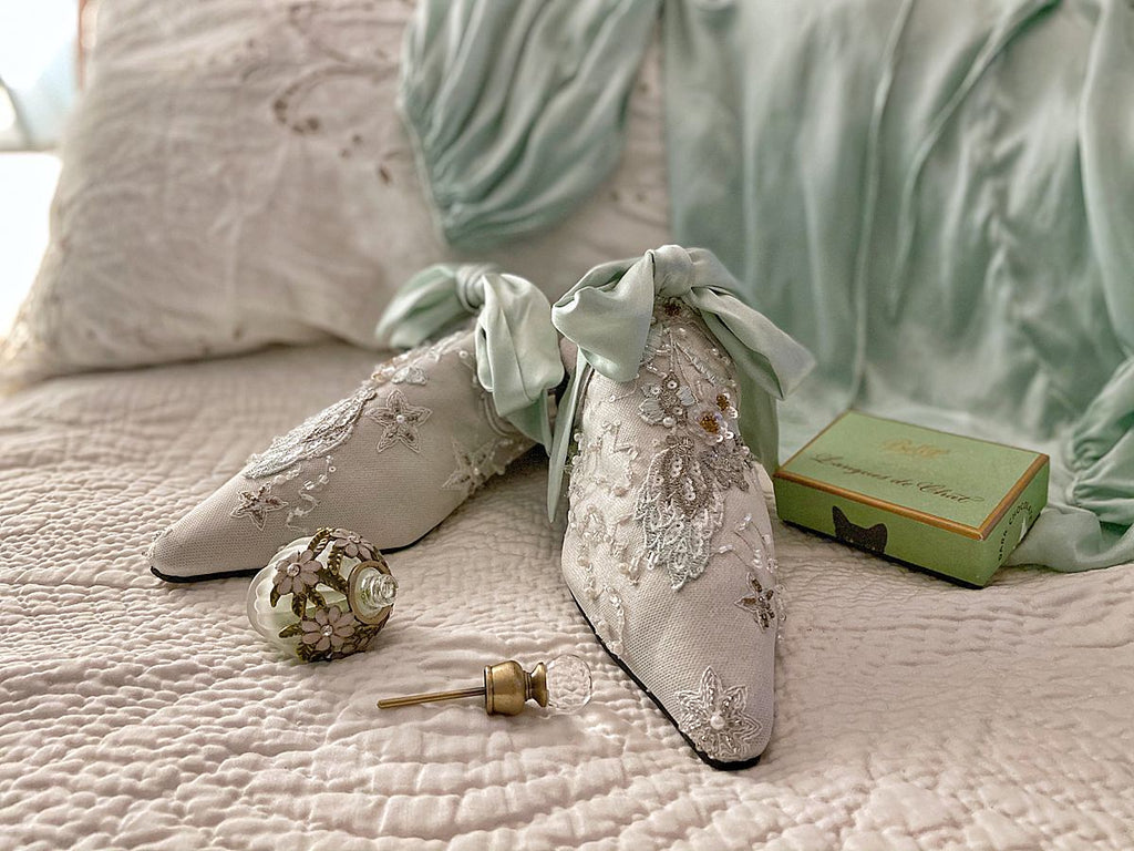 Enchanted Forest limited edition couture bridal shoes from the Pavilion Parade Recherché Collection by Joanne Fleming Design | silver grey silk satin with green ankle ties and beaded embellishment