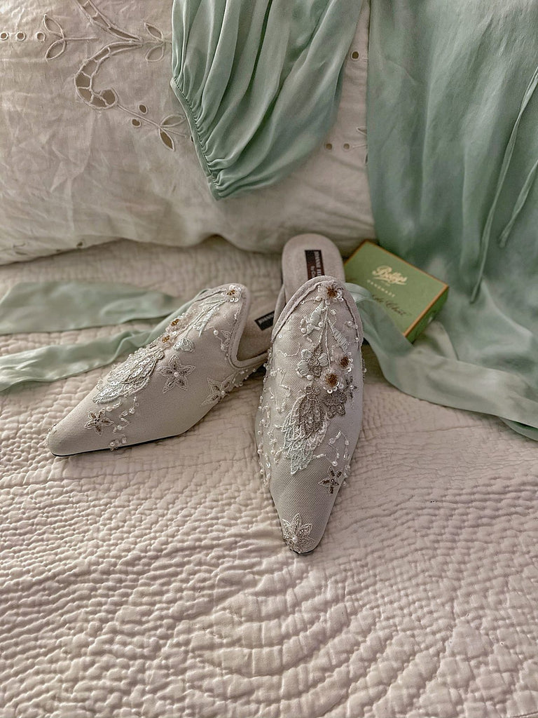 Enchanted Forest limited edition couture bridal shoes from the Pavilion Parade Recherché Collection by Joanne Fleming Design | silver grey silk satin with green ankle ties and beaded embellishment