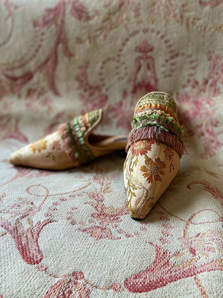 Endymion blush rose gold silk brocade shoes with beaded tassel embellishment, created from antique textiles, from the Sigtnature Collection of bohemian footwear by Pavilion Parade at Joanne Fleming Design