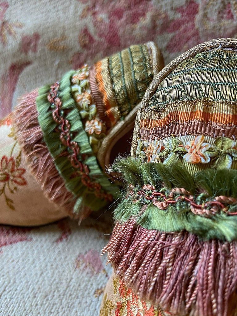 Endymion blush rose gold silk brocade shoes with beaded tassel embellishment, created from antique textiles, from the Sigtnature Collection of bohemian footwear by Pavilion Parade at Joanne Fleming Design