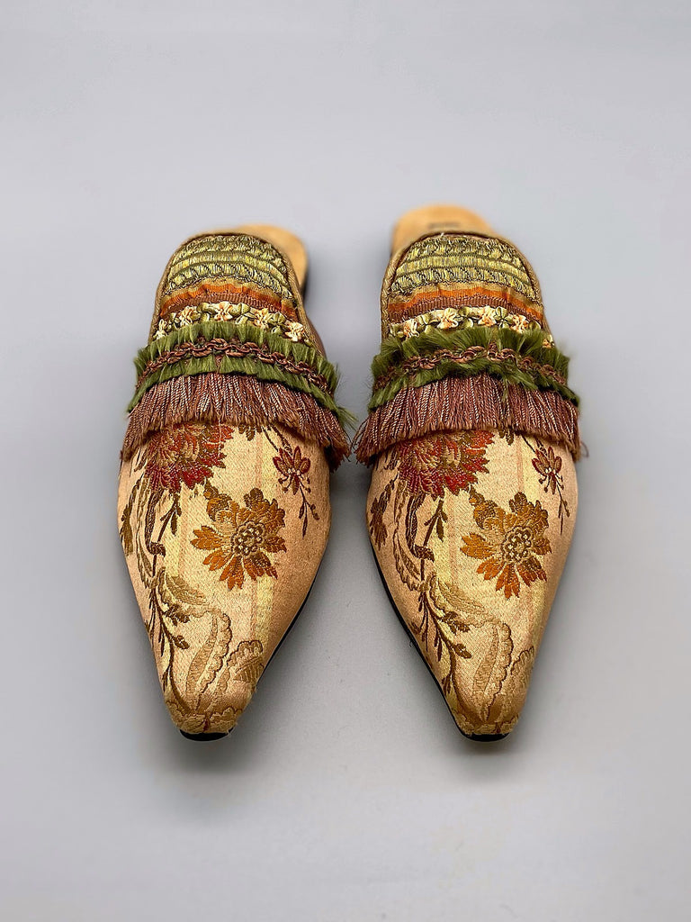 Endymion blush rose gold silk brocade shoes with beaded tassel embellishment, created from antique textiles, from the Sigtnature Collection of bohemian footwear by Pavilion Parade at Joanne Fleming Design
