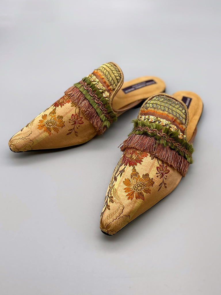 Endymion blush rose gold silk brocade shoes with beaded tassel embellishment, created from antique textiles, from the Sigtnature Collection of bohemian footwear by Pavilion Parade at Joanne Fleming Design