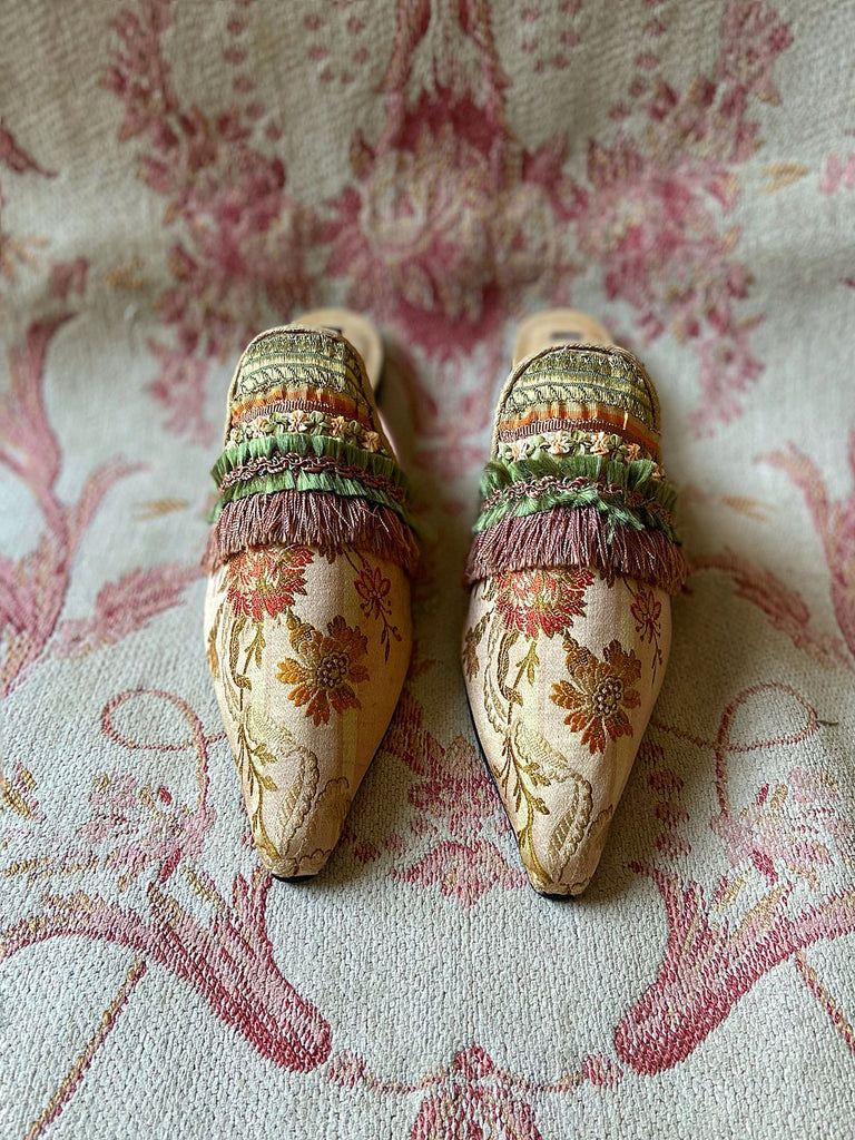 Endymion blush rose gold silk brocade shoes with beaded tassel embellishment, created from antique textiles, from the Sigtnature Collection of bohemian footwear by Pavilion Parade at Joanne Fleming Design