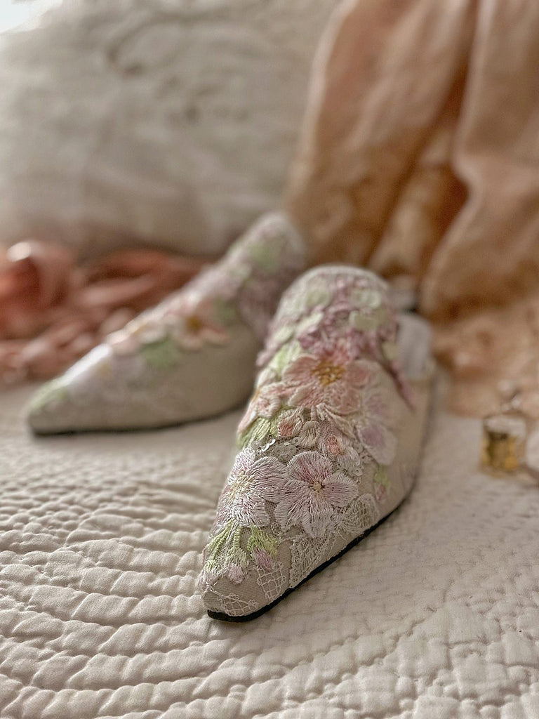 Hand coloured floral limited edition couture shoes from the Pavilion Parade Recherché Collection by Joanne Fleming Design | pastel shades of ivory, pale pink and soft green
