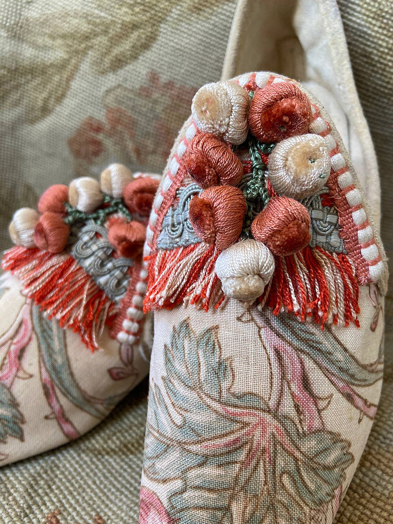 Bohemian shoes created from antique French printed cotton, embellished with antique silk passementerie fringe - tones of apricot, olive green and creamy buttermilk , Pavilion Parade Signature Collection from Joanne Fleming Design