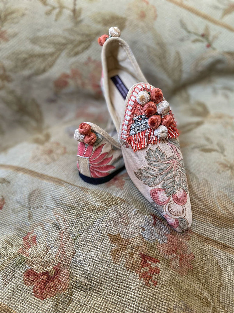 Bohemian shoes created from antique French printed cotton, embellished with antique silk passementerie fringe - tones of apricot, olive green and creamy buttermilk , Pavilion Parade Signature Collection from Joanne Fleming Design