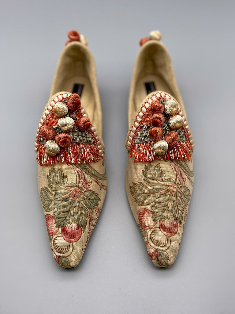 Bohemian shoes created from antique French printed cotton, embellished with antique silk passementerie fringe - tones of apricot, olive green and creamy buttermilk , Pavilion Parade Signature Collection from Joanne Fleming Design