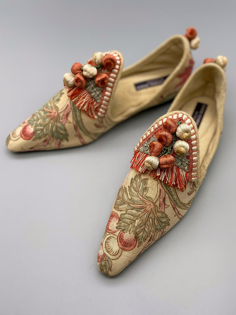 Bohemian shoes created from antique French printed cotton, embellished with antique silk passementerie fringe - tones of apricot, olive green and creamy buttermilk , Pavilion Parade Signature Collection from Joanne Fleming Design