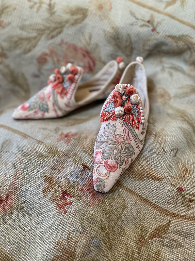 Bohemian shoes created from antique French printed cotton, embellished with antique silk passementerie fringe - tones of apricot, olive green and creamy buttermilk , Pavilion Parade Signature Collection from Joanne Fleming Design