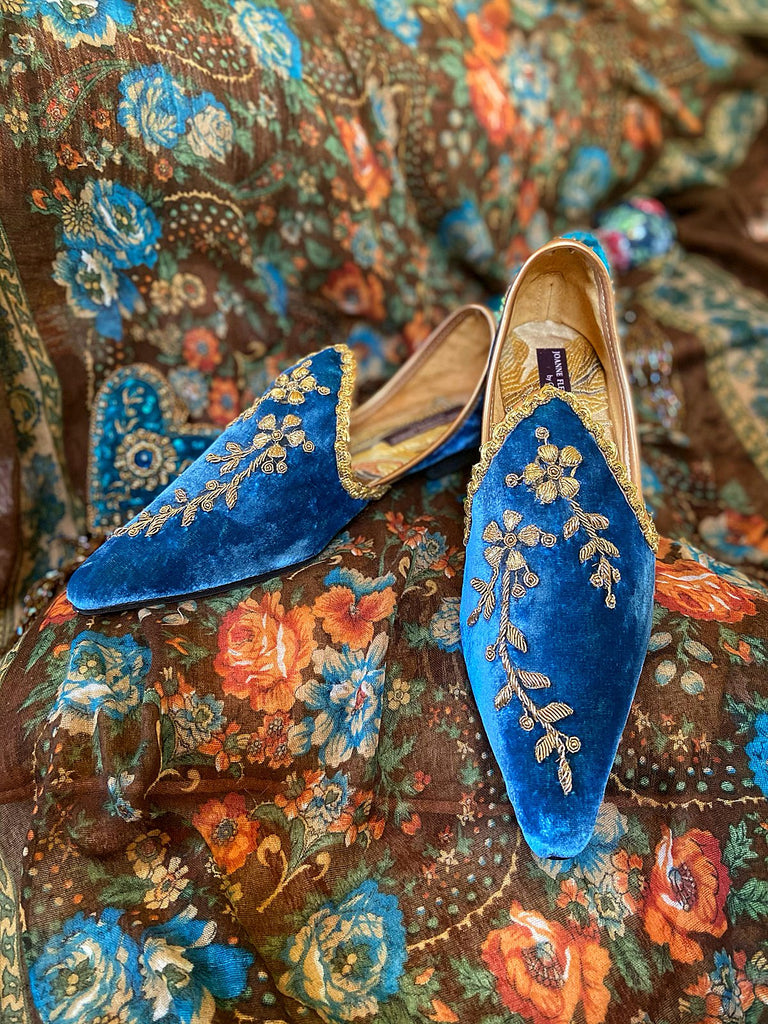 Blue silk velvet and antique gold embroidered embellished Pre Raphaelite bohemian flat shoes from Pavilion Parade Joanne Fleming Design