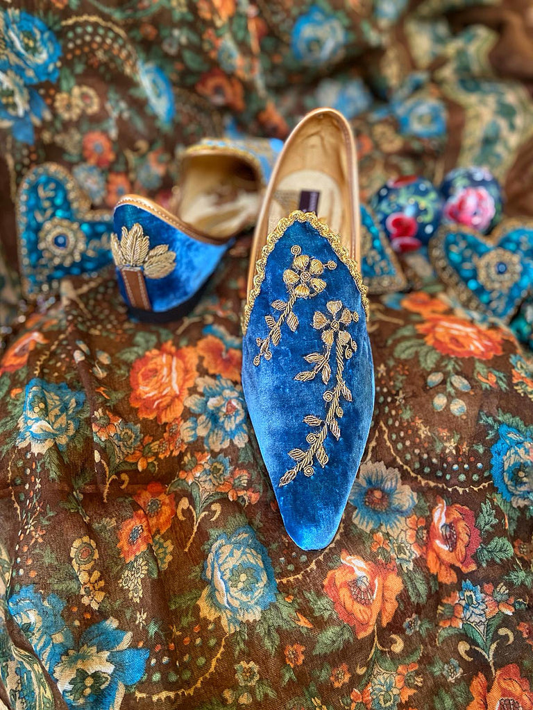 Blue silk velvet and antique gold embroidered embellished Pre Raphaelite bohemian flat shoes from Pavilion Parade Joanne Fleming Design