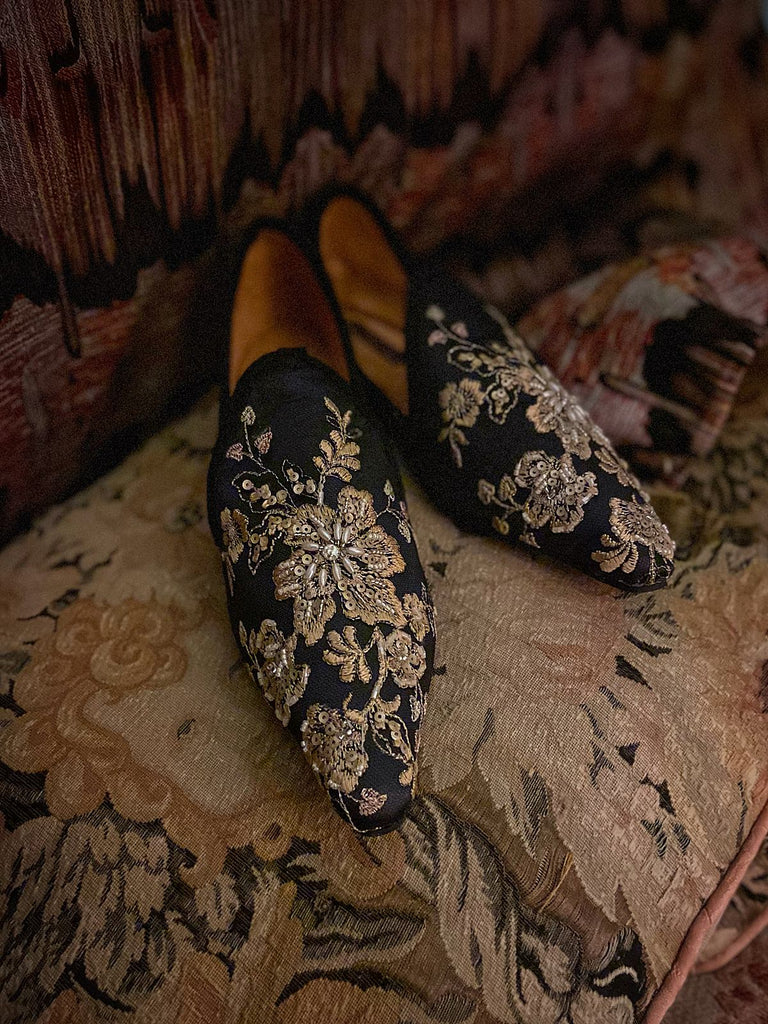 Limited edition beaded embroidered flat babouche style evening shoes in black and gold. Pavilion Parade Recherché Collection from Joanne Fleming Design