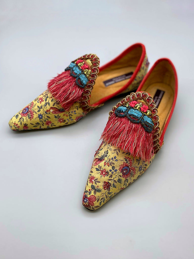 Xanadu yellow and floral shoes with fringed embellishment, created from antique textiles, from the Sigtnature Collection of bohemian footwear by Pavilion Parade at Joanne Fleming Design