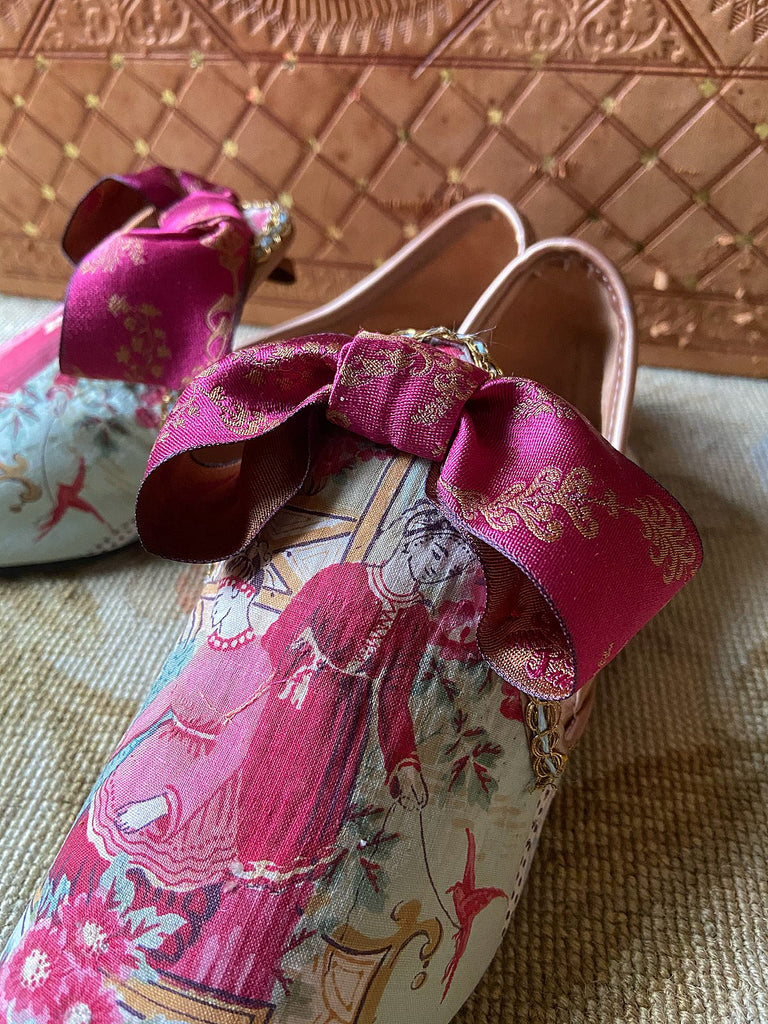 Antique French textile Chinoiserie block printed bohemian shoes with silk bows from the Pavilion Parade Signature Collection by Joanne Fleming Design