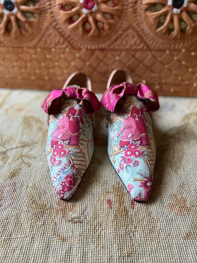 Antique French textile Chinoiserie block printed bohemian shoes with silk bows from the Pavilion Parade Signature Collection by Joanne Fleming Design