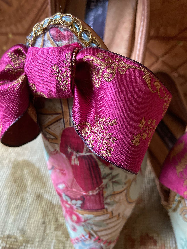 Antique French textile Chinoiserie block printed bohemian shoes with silk bows from the Pavilion Parade Signature Collection by Joanne Fleming Design
