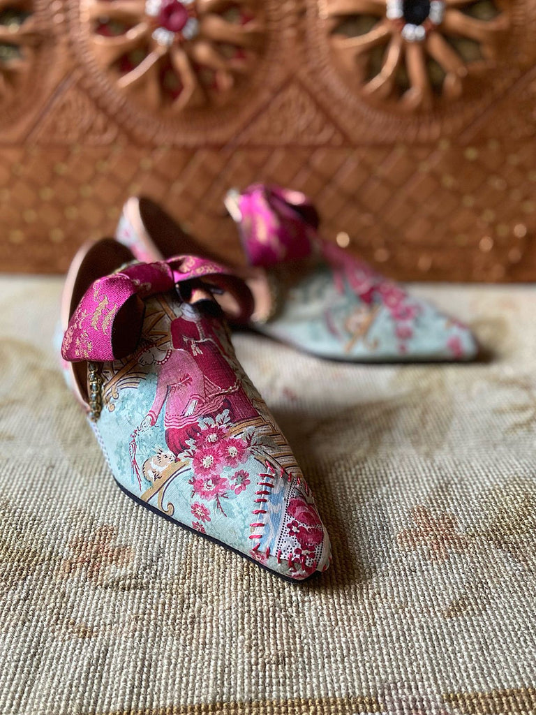 Antique French textile Chinoiserie block printed bohemian shoes with silk bows from the Pavilion Parade Signature Collection by Joanne Fleming Design