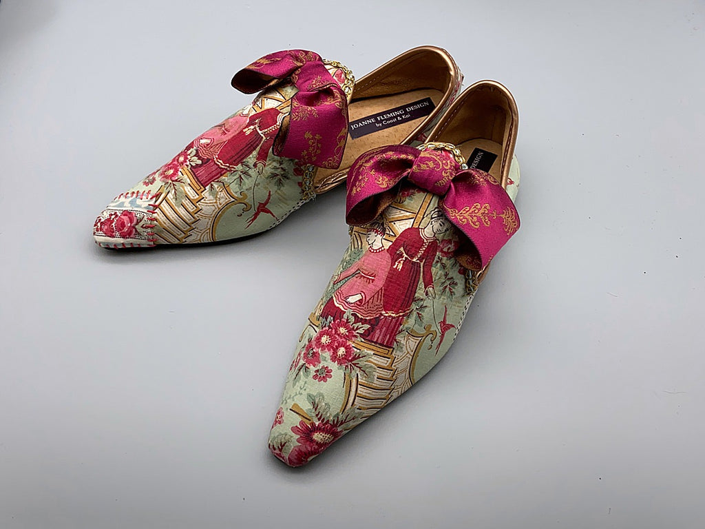 Antique French textile Chinoiserie block printed bohemian shoes with silk bows from the Pavilion Parade Signature Collection by Joanne Fleming Design