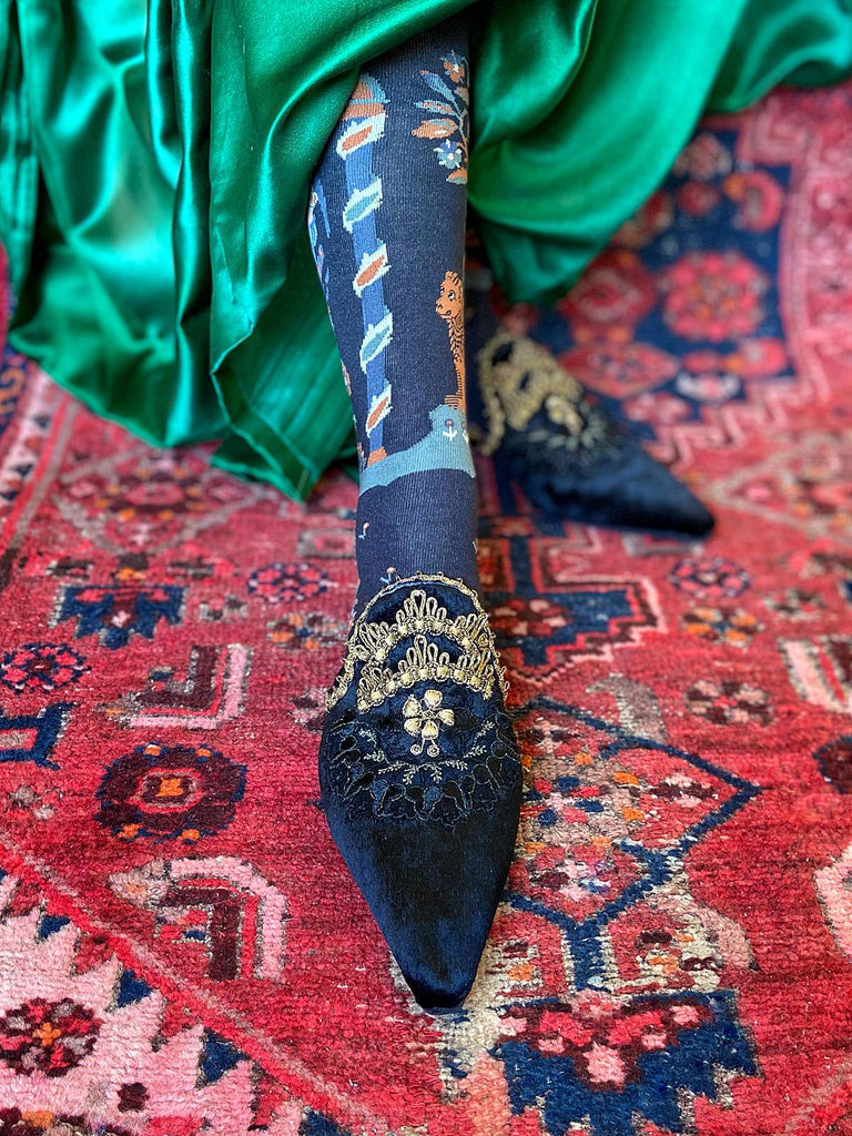 Black silk velvet and antique gold embroidered embellished textile bohemian flat shoes from Pavilion Parade Signature Collection by Joanne Fleming Design