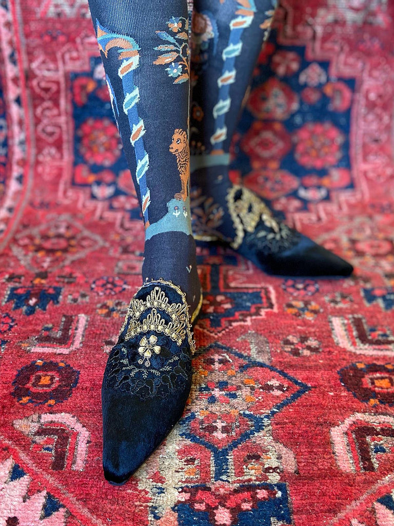 Black silk velvet and antique gold embroidered embellished textile bohemian flat shoes from Pavilion Parade Signature Collection by Joanne Fleming Design