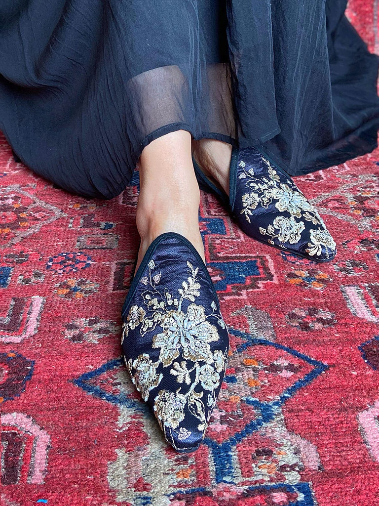 Limited edition beaded embroidered flat babouche style evening shoes in black and gold. Pavilion Parade Recherché Collection from Joanne Fleming Design