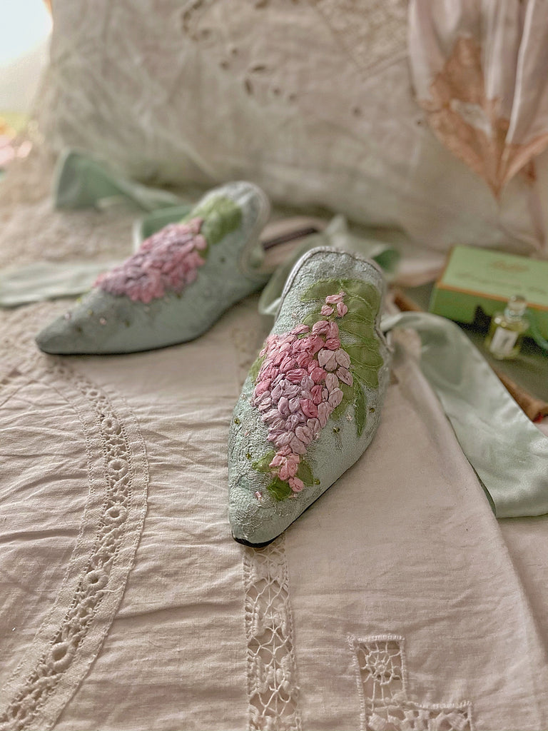 Limited edition silk ribbon embroidered romantic  flat shoes from the Recherché Collection by Joanne Fleming Design | wisteria motif in shades of pale aqua, lavender and green
