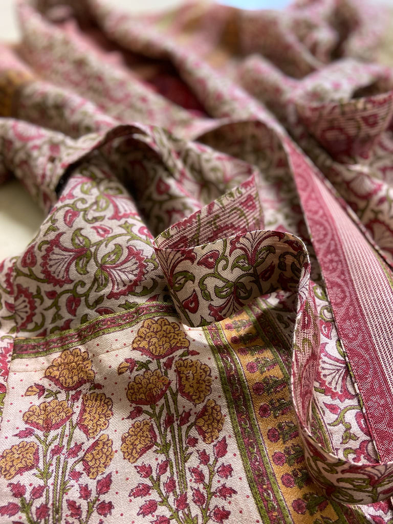 Rose pink and ivory fine wool dressing robe or duster coat with tassel sash, wide sleeves and deep pockets. Lined in silk. Bohemian style sustainably created from antique and vintage textiles by the Pavilion Parade studio.