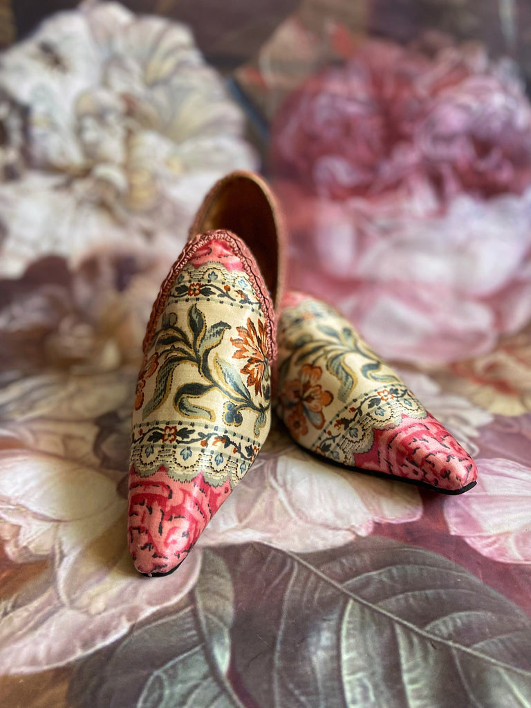 Pavilion Parade handmade shoes created from antique textiles,  available from Joanne Fleming Design. Antique French block printed Indienne and 19th century passementerie create bohemian flat shoes in shades of blue and red