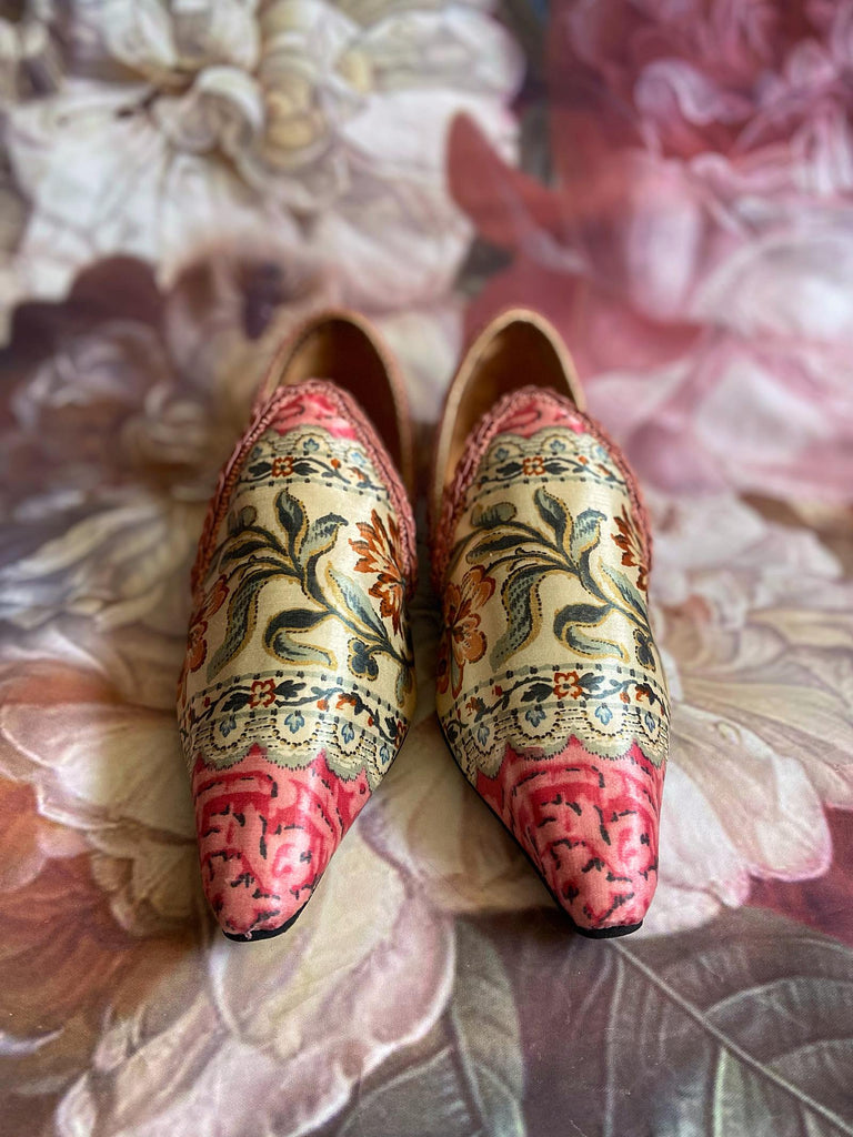 Pavilion Parade handmade shoes created from antique textiles,  available from Joanne Fleming Design. Antique French block printed Indienne and 19th century passementerie create bohemian flat shoes in shades of blue and red