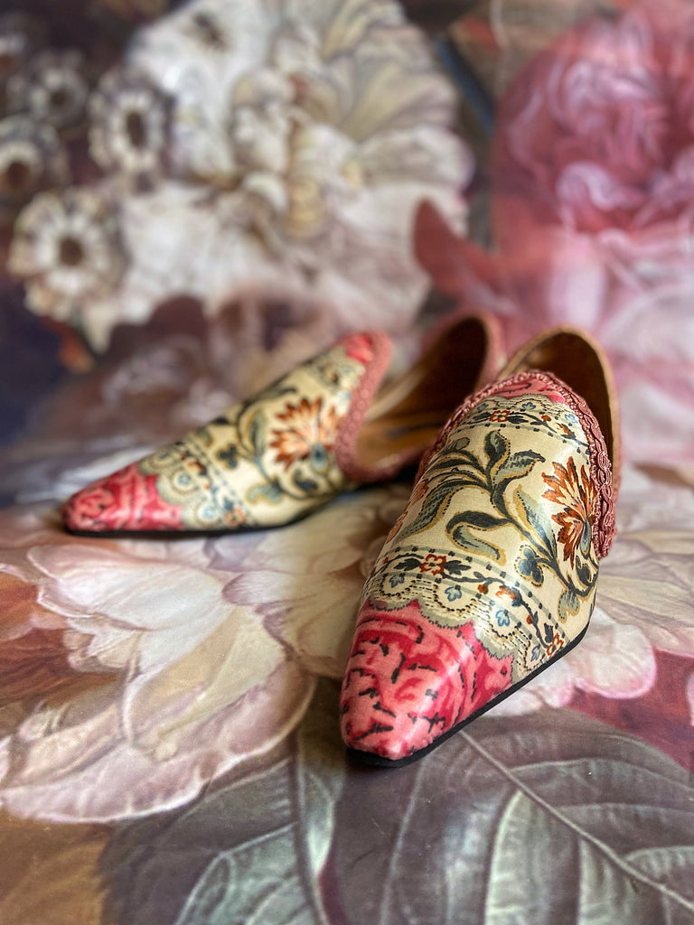 Parterre Pavilion Parade handmade shoes created from antique textiles,  available from Joanne Fleming Design. Antique Art Nouveau silk is used to create bohemian flat shoes in shades of pink and cream.