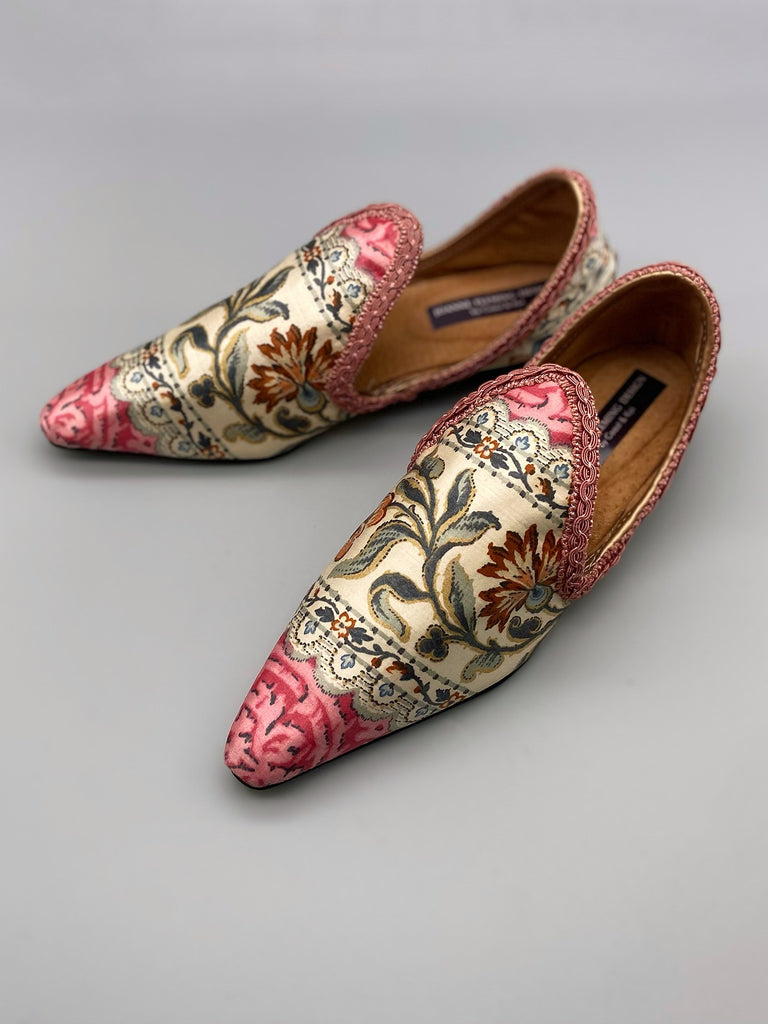 Pavilion Parade handmade shoes created from antique textiles,  available from Joanne Fleming Design. Antique French block printed Indienne and 19th century passementerie create bohemian flat shoes in shades of blue and red