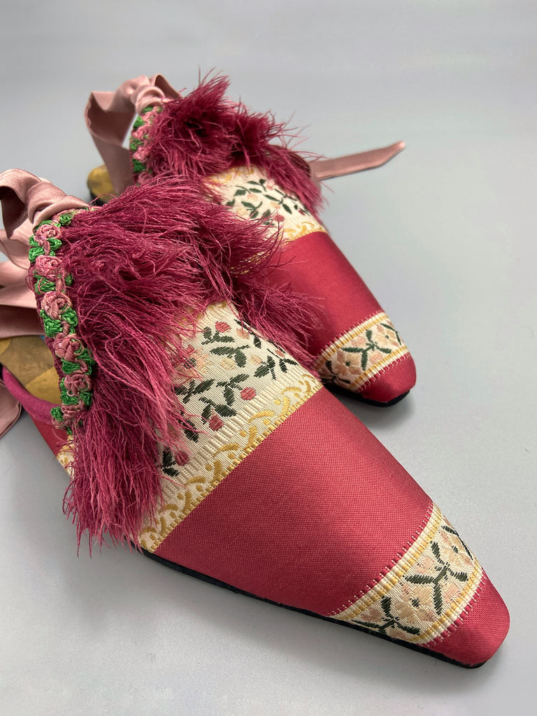 Rosebud pink Regency stripe silk mules with antique silk tassel fringe and satin ankle ties. Created from antique textiles by Pavilion Parade